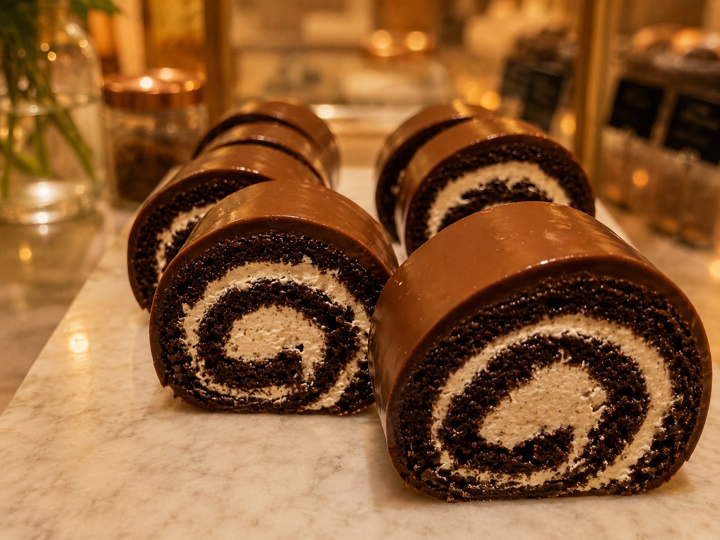 Sliced swiss rolls with cream filling
